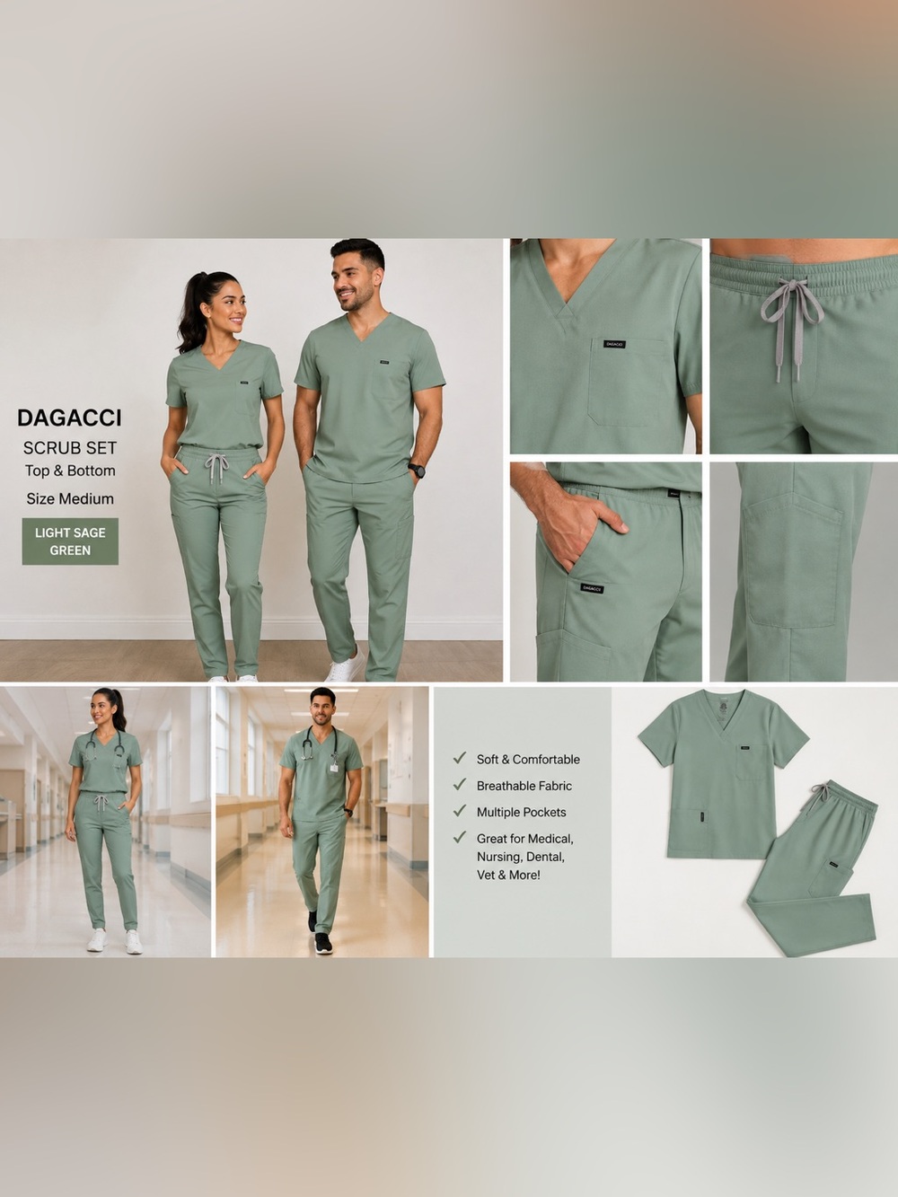 DAGACCI Unisex Scrub Set – Top & Pants – Size Medium – Light Sage Green